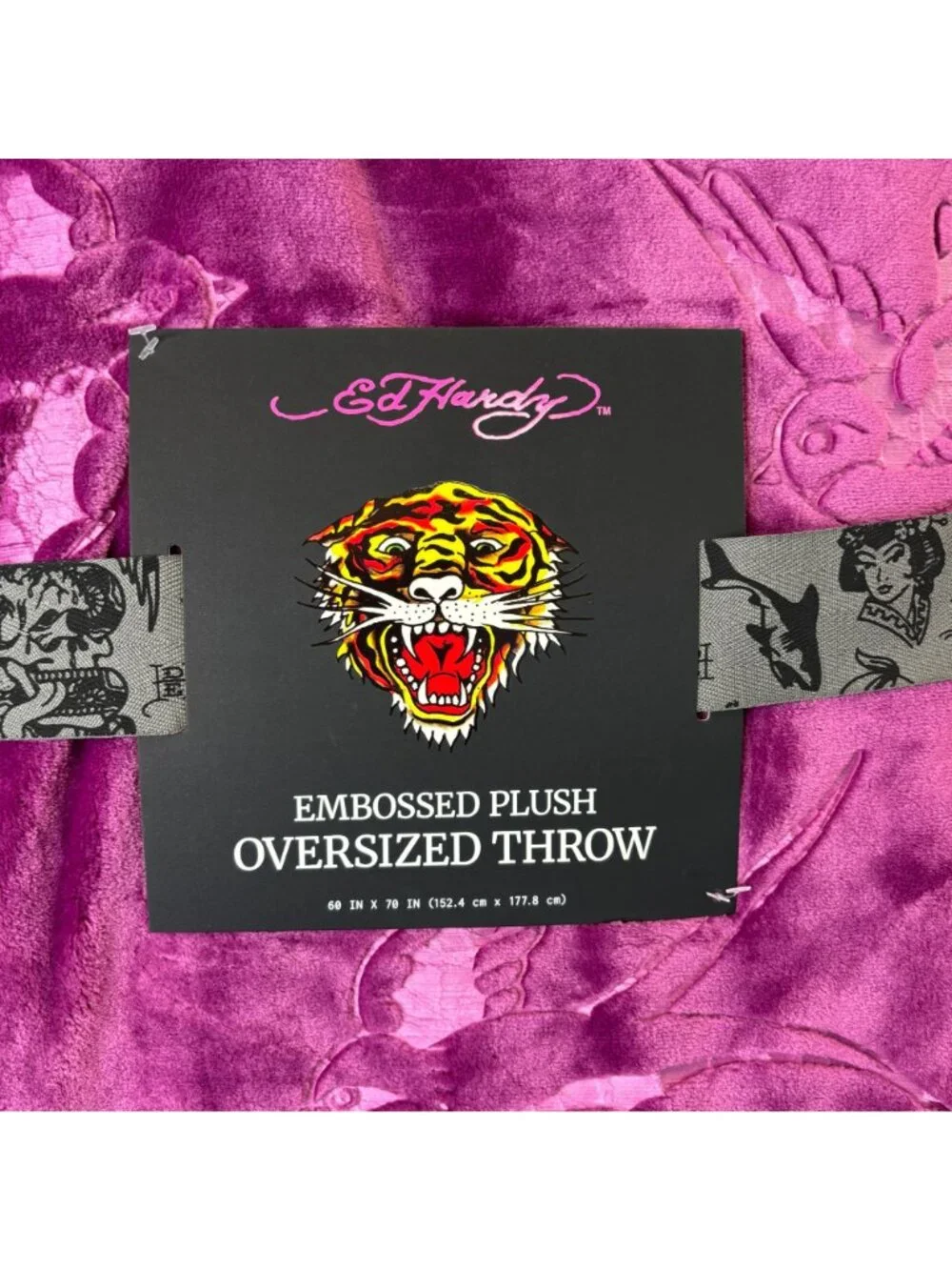 Ed Hardy Embossed Plush Oversized Throw Purple 60 x 70 Blanket Soft Cozy - NEW